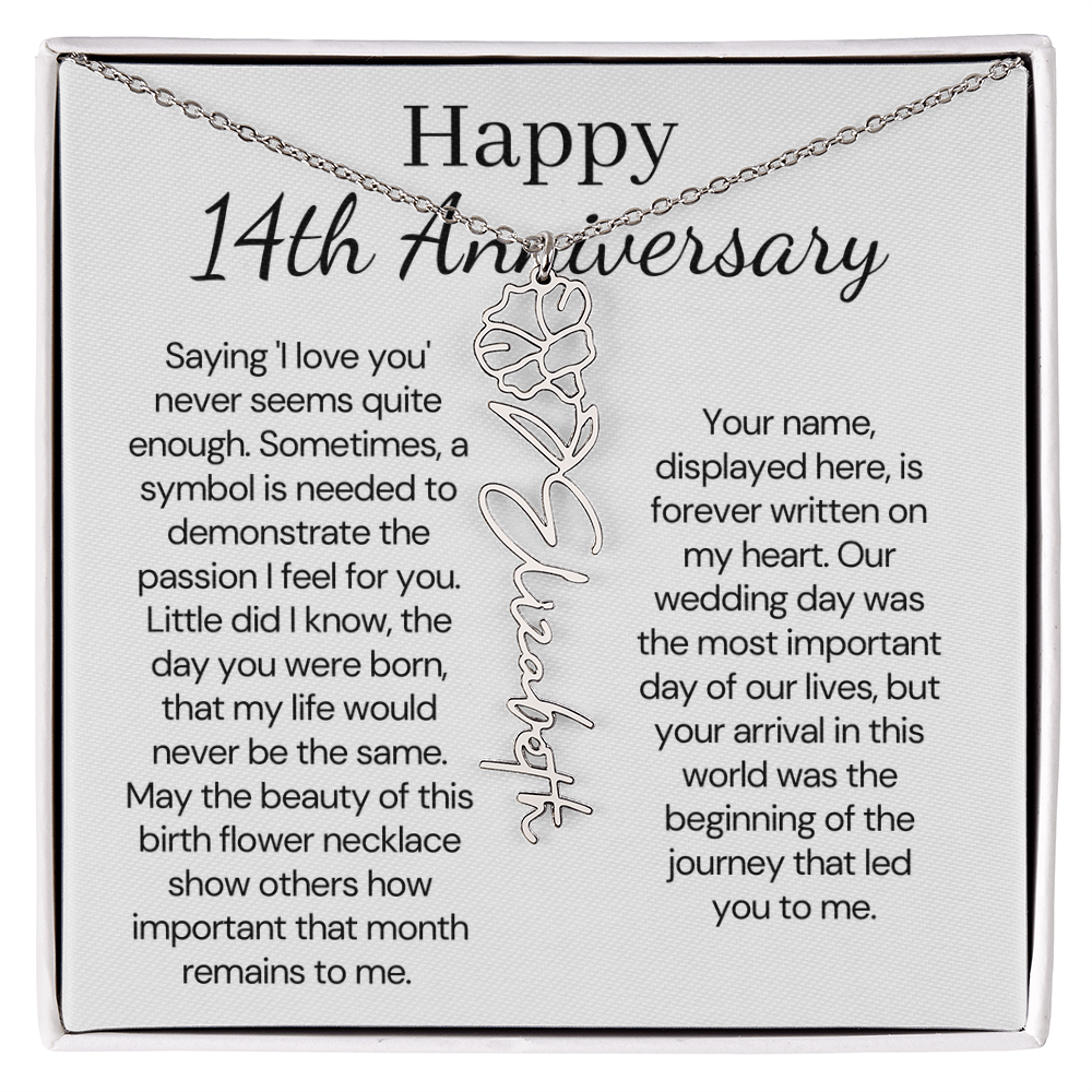 Personalized 14th Anniversary Gift for Wife – Customized Birth Flower Name Necklace – Unique Fourteenth Wedding Anniversary Gift Ideas for Wife from Husband