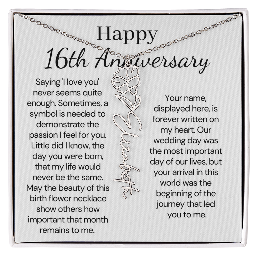 Personalized 16th Anniversary Gift for Wife – Customized Birth Flower Name Necklace – Unique Sixteenth Wedding Anniversary Gift Ideas for Wife