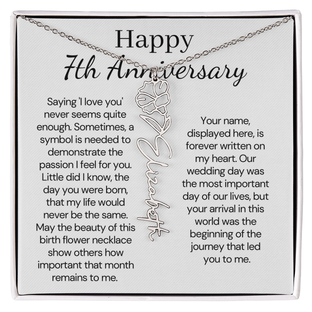 Personalized 7th Wedding Anniversary Gift for Wife – Customized Birth Flower Name Necklace – Unique Seventh Anniversary Gift Ideas for Wife from Husband