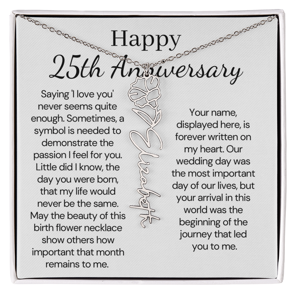 Personalized 25th Anniversary Gift for Wife – Customized Birth Flower Name Necklace – Unique Twenty-Fifth Wedding Anniversary Gift Ideas for Wife from Husband