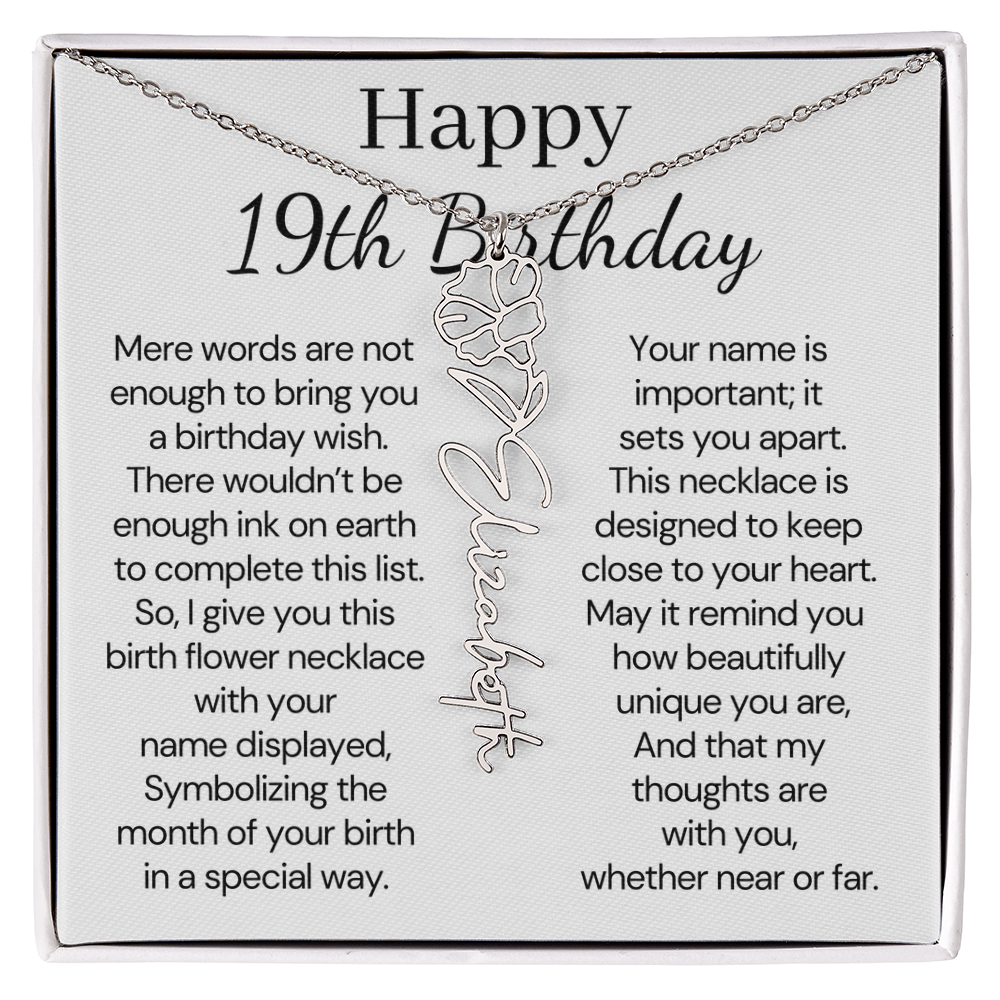 Personalized 19th Birthday Gift for Her  – Customized Birth Flower Name Necklace – 19th Birthday Jewelry Gift for Granddaughter, Daughter, or Niece