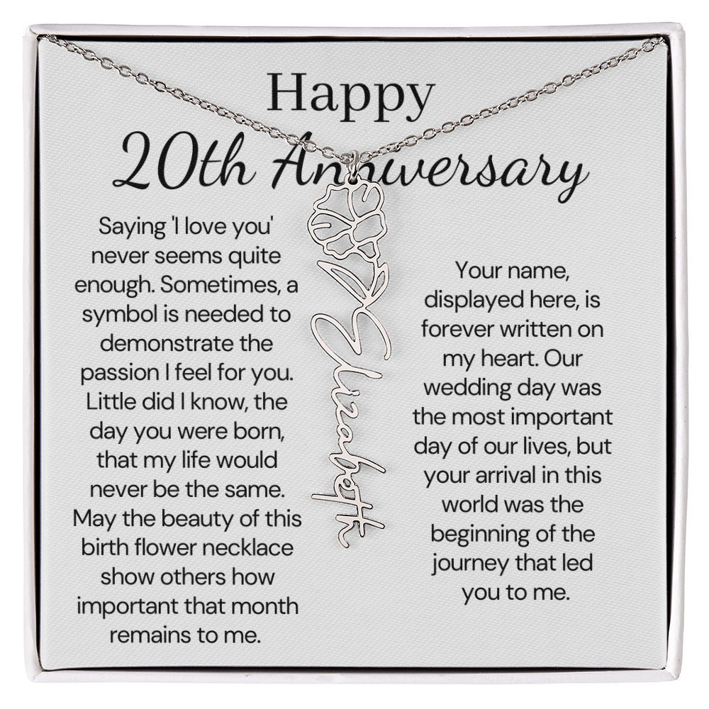 Personalized 20th Anniversary Gift for Wife – Customized Birth Flower Name Necklace – Unique Twentieth Wedding Anniversary Gift Ideas for Wife from Husband