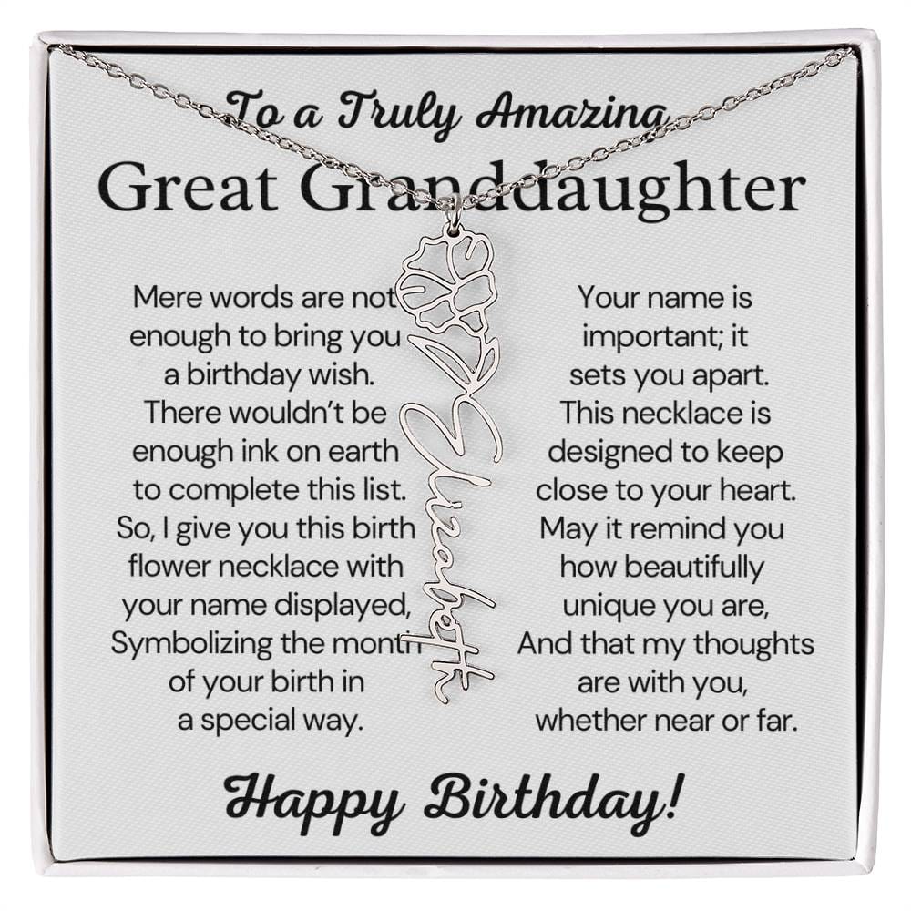 Personalized Birthday Gift for Great Granddaughter – Customized Birth Flower Name Necklace – Custom Jewelry Gift from Grandma