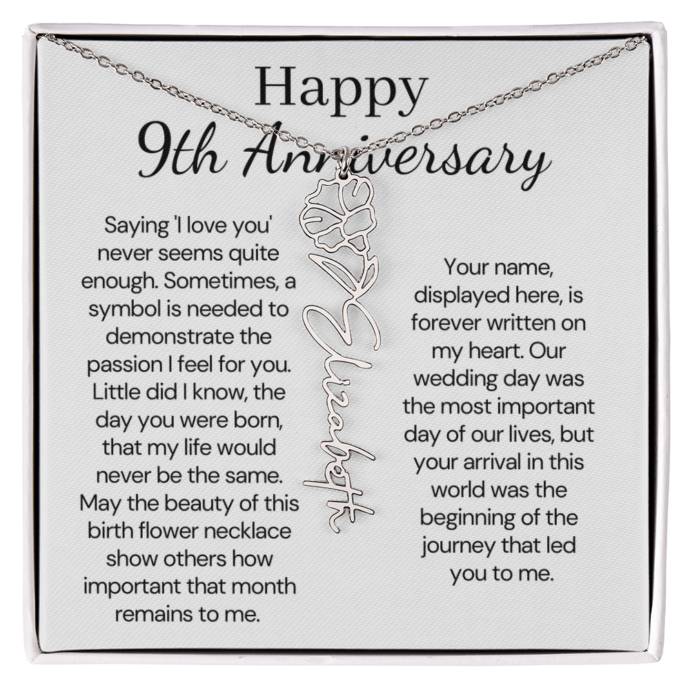 Personalized 9th Wedding Anniversary Gift for Wife – Customized Birth Flower Name Necklace – Unique Ninth Anniversary Gift Ideas for Wife from Husband