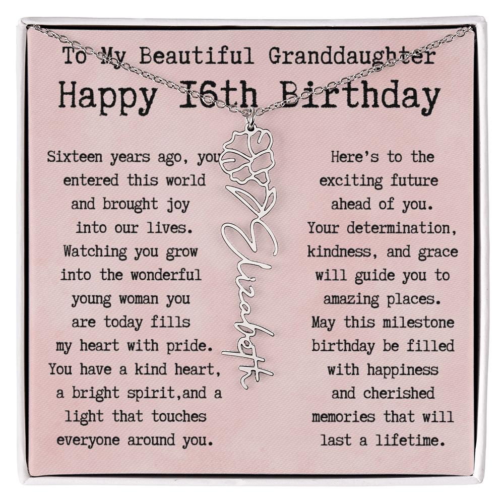 Personalized 16th Birthday Gift for Granddaughter – Customized Birth Flower Name Necklace – Sweet Sixteenth Jewelry Gift from Grandma