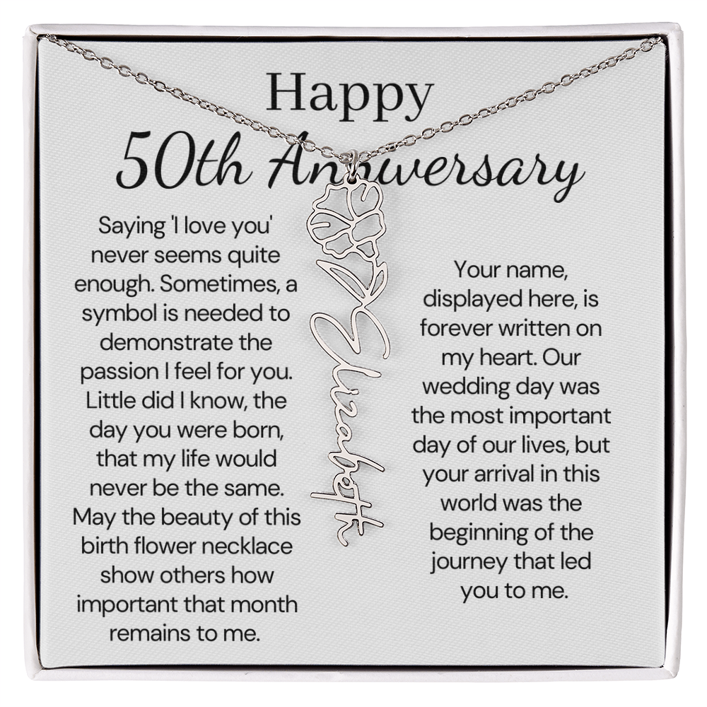 Personalized 50th Anniversary Gift for Wife – Customized Birth Flower Name Necklace – Unique Fiftieth Wedding Anniversary Gift Ideas for Wife from Husband