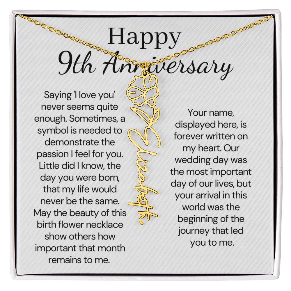 Personalized 9th Wedding Anniversary Gift for Wife – Customized Birth Flower Name Necklace – Unique Ninth Anniversary Gift Ideas for Wife from Husband