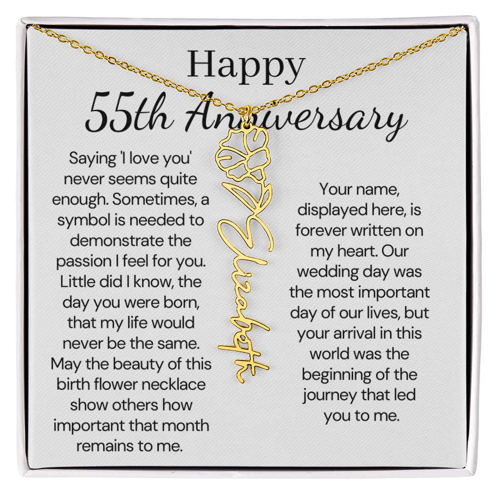 Personalized 55th Anniversary Gift for Wife – Customized Birth Flower Name Necklace – Unique Fifty-Fifth Wedding Anniversary Gift Ideas for Wife from Husband