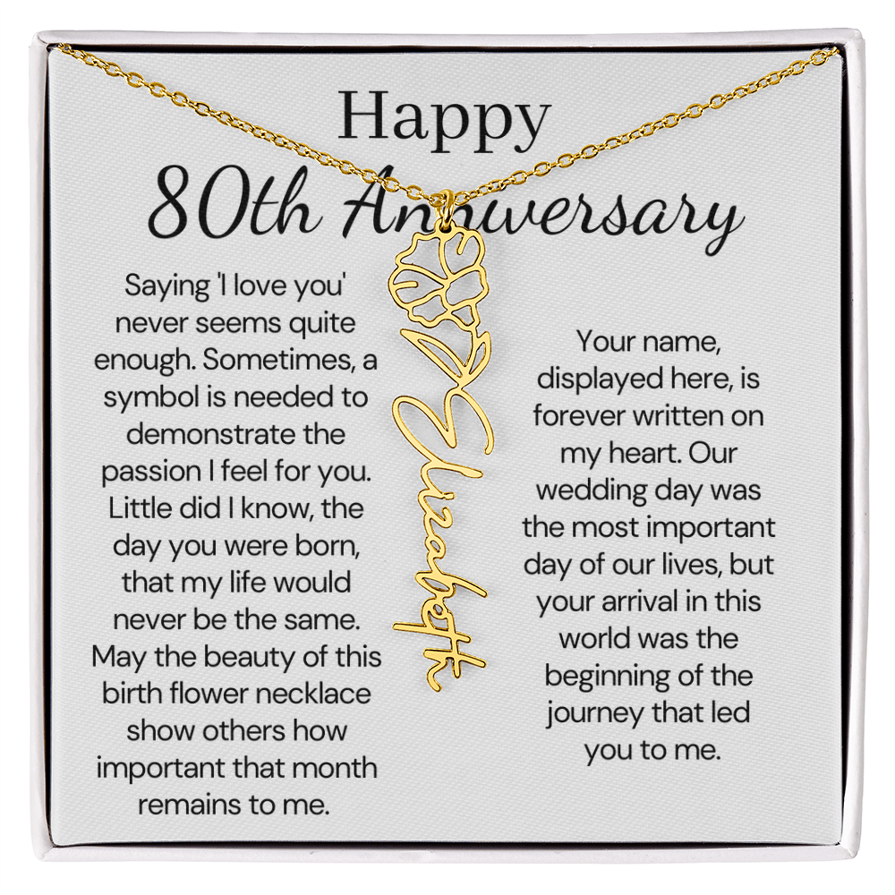 Personalized 80th Anniversary Gift for Wife – Customized Birth Flower Name Necklace – Unique Eightieth Wedding Anniversary Gift Ideas for Wife from Husband