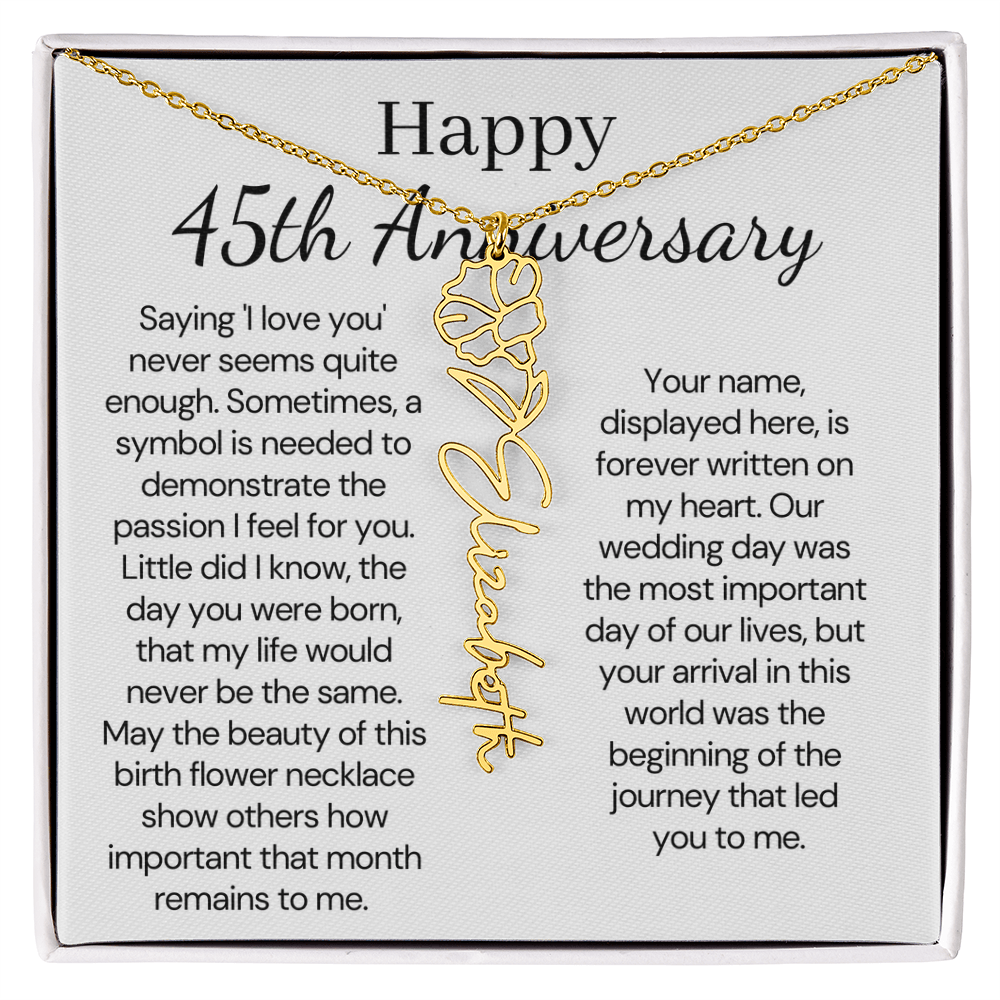 Personalized 45th Anniversary Gift for Wife – Customized Birth Flower Name Necklace – Unique Forty-Fifth Wedding Anniversary Gift Ideas for Wife