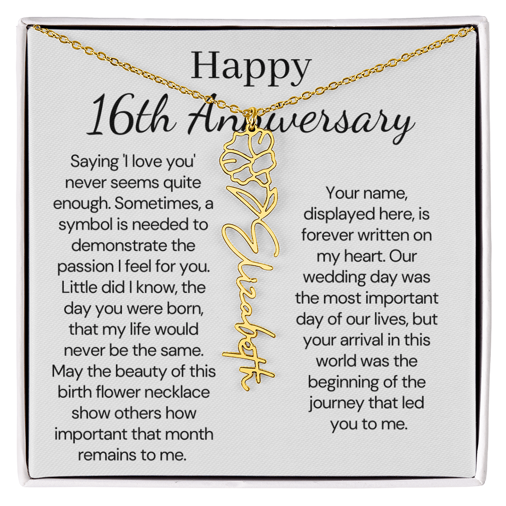 Personalized 16th Anniversary Gift for Wife – Customized Birth Flower Name Necklace – Unique Sixteenth Wedding Anniversary Gift Ideas for Wife
