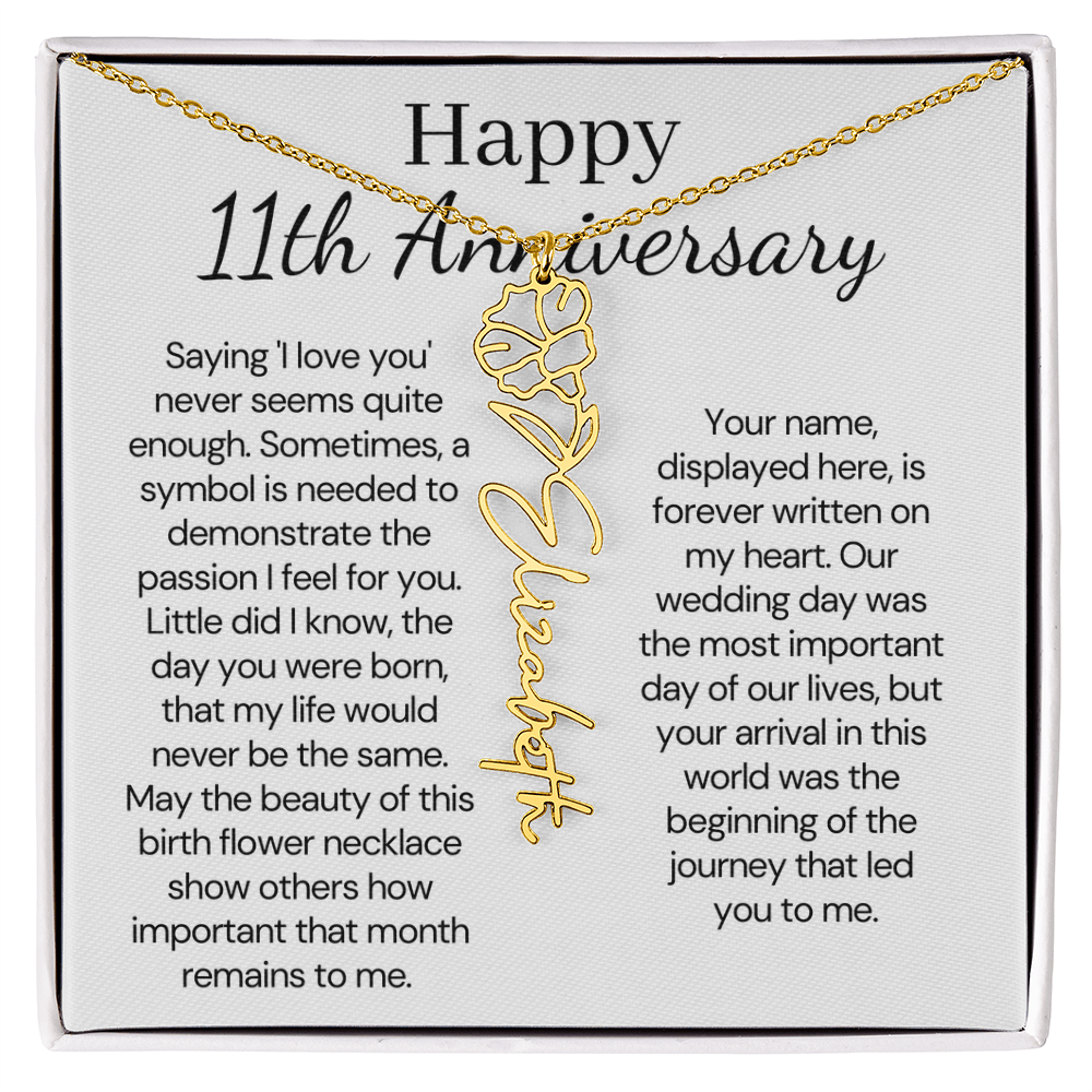 Personalized 11th Wedding Anniversary Gift for Wife – Customized Birth Flower Name Necklace – Unique Eleventh Anniversary Gift Ideas for Wife from Husband
