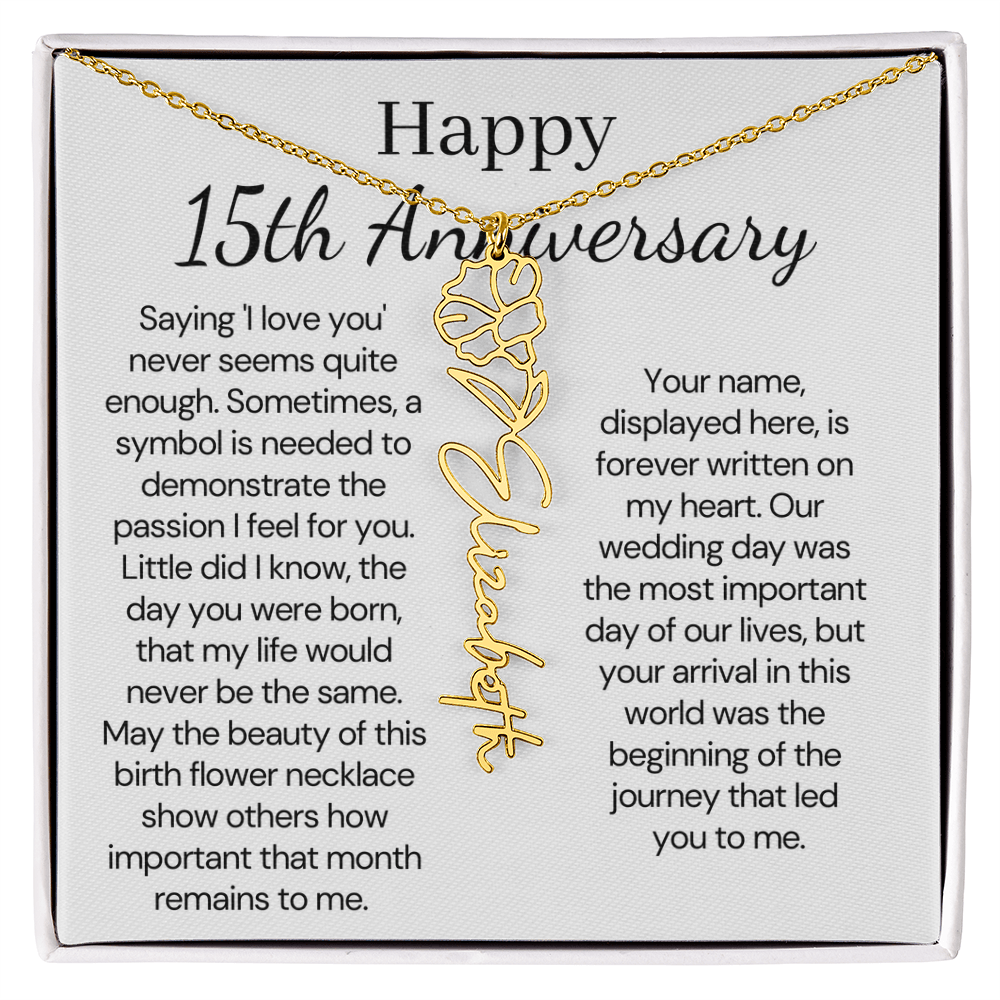 Personalized 15th Anniversary Gift for Wife – Customized Birth Flower Name Necklace – Unique Fifteenth Wedding Anniversary Gift Ideas for Wife from Husband