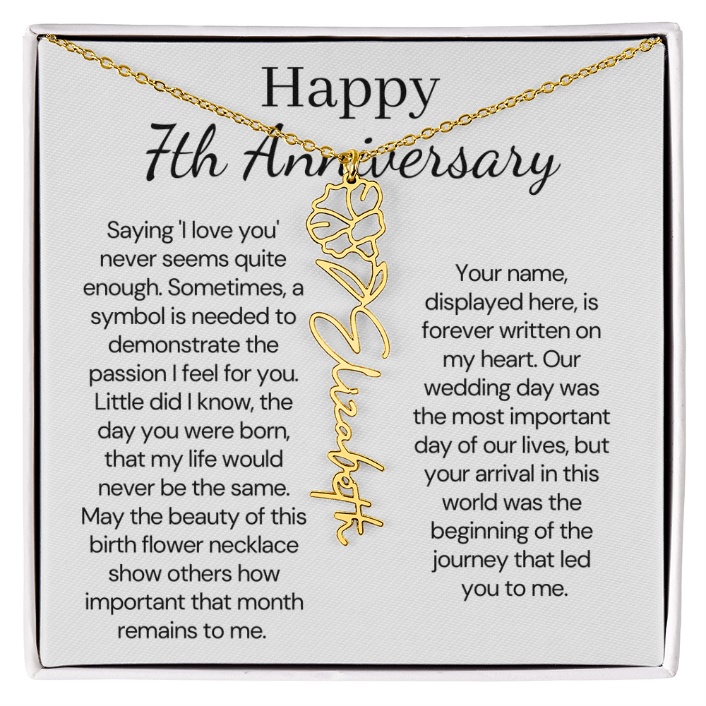 Personalized 7th Wedding Anniversary Gift for Wife – Customized Birth Flower Name Necklace – Unique Seventh Anniversary Gift Ideas for Wife from Husband