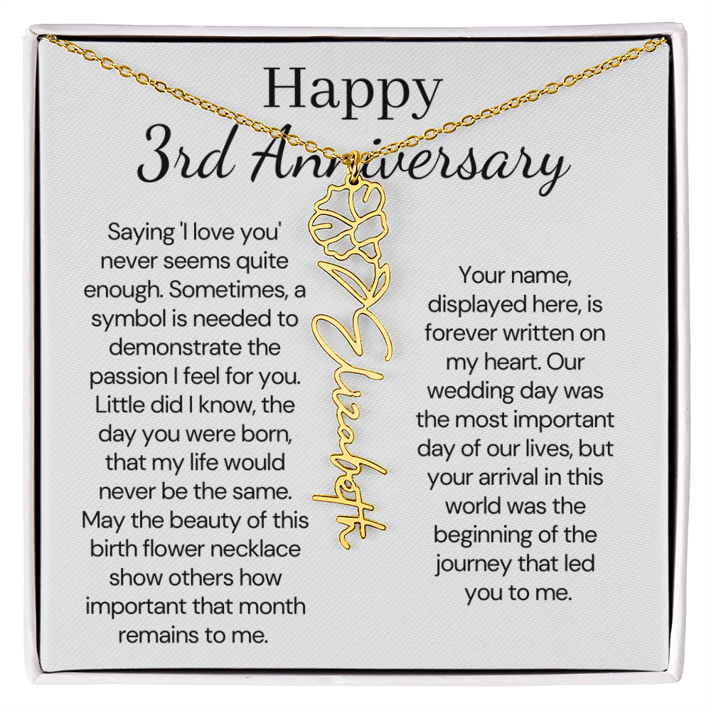 Personalized 3rd Wedding Anniversary Gift for Wife – Customized Birth Flower Name Necklace – Unique Third Anniversary Gift Ideas for Wife from Husband
