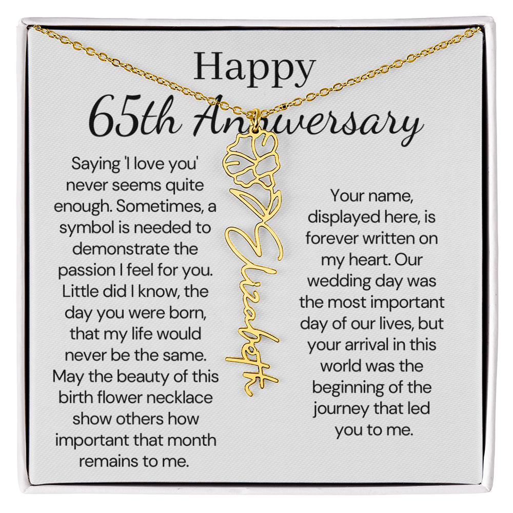 Personalized 65th Anniversary Gift for Wife – Customized Birth Flower Name Necklace – Unique Sixty-Fifth Wedding Anniversary Gift Ideas for Wife from Husband