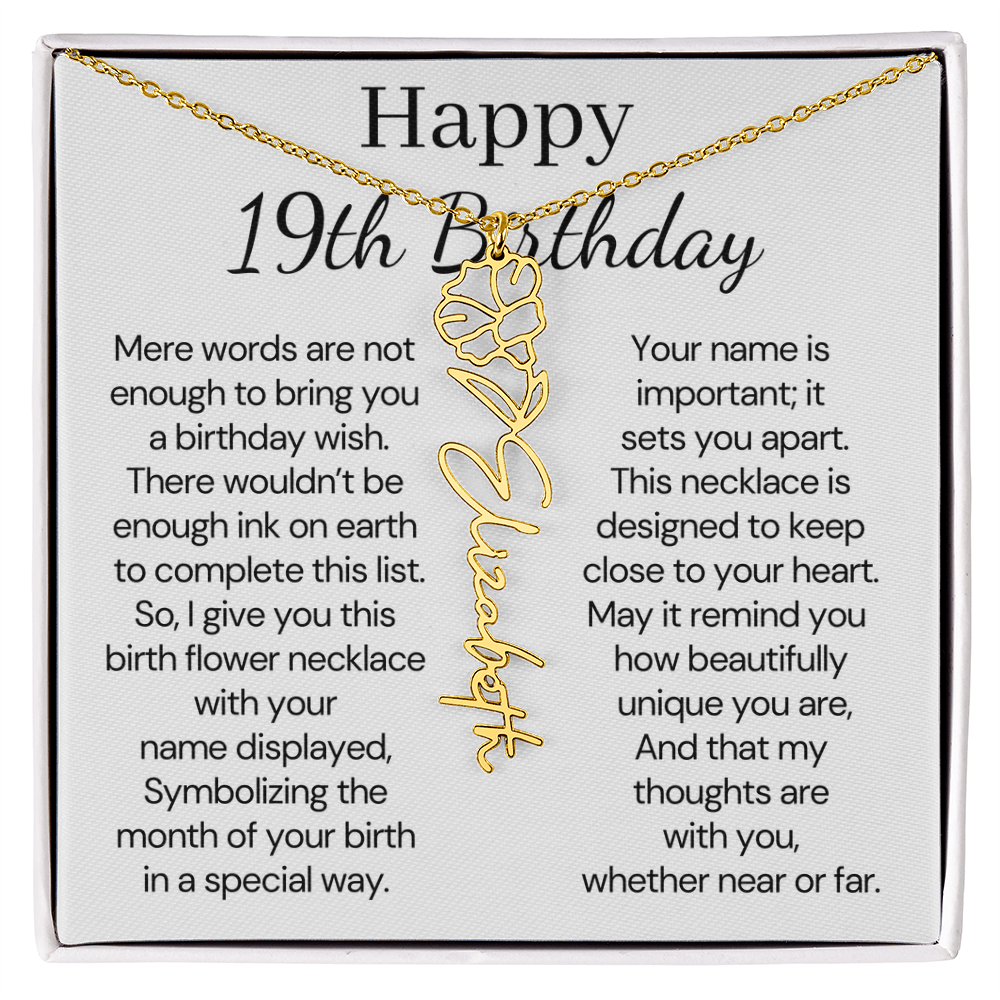 Personalized 19th Birthday Gift for Her  – Customized Birth Flower Name Necklace – 19th Birthday Jewelry Gift for Granddaughter, Daughter, or Niece