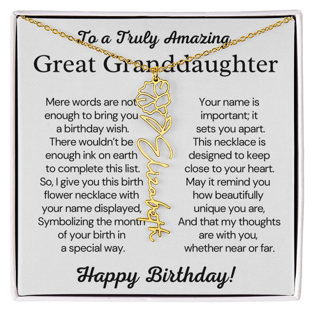 Personalized Birthday Gift for Great Granddaughter – Customized Birth Flower Name Necklace – Custom Jewelry Gift from Grandma