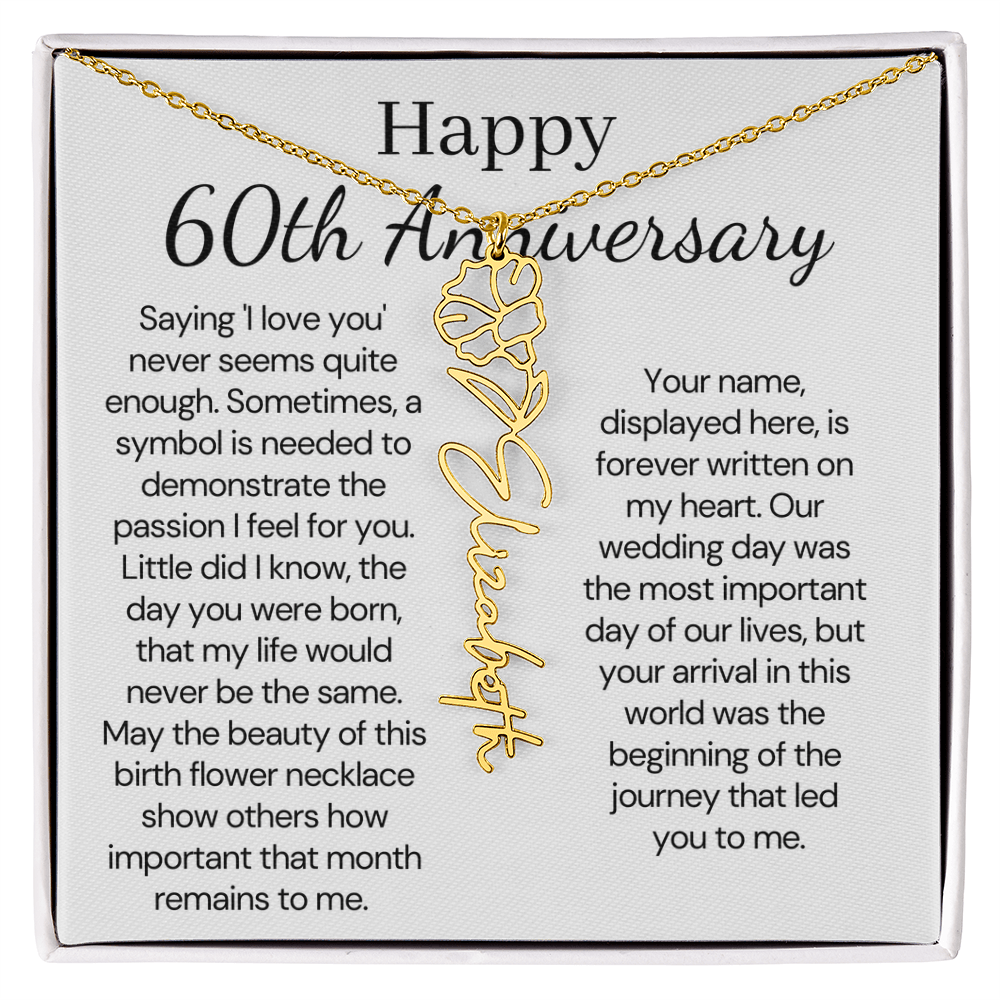 Personalized 60th Anniversary Gift for Wife – Customized Birth Flower Name Necklace – Unique Sixtieth Wedding Anniversary Gift Ideas for Wife from Husband
