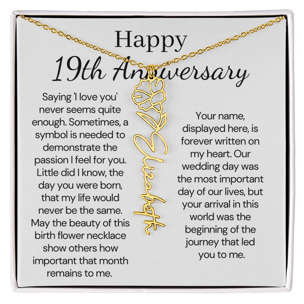 Personalized 19th Anniversary Gift for Wife – Customized Birth Flower Name Necklace – Unique Nineteenth Wedding Anniversary Gift Ideas for Wife from Husband