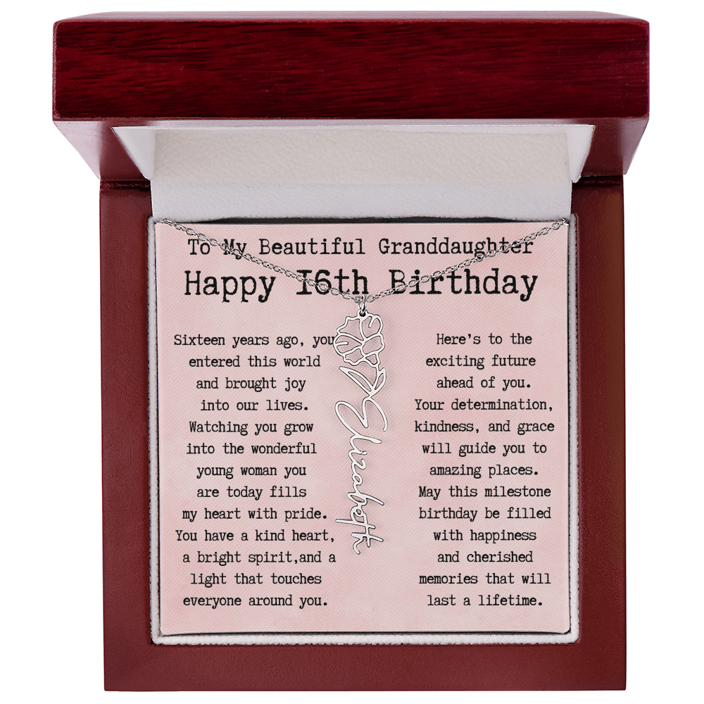 Personalized 16th Birthday Gift for Granddaughter – Customized Birth Flower Name Necklace – Sweet Sixteenth Jewelry Gift from Grandma
