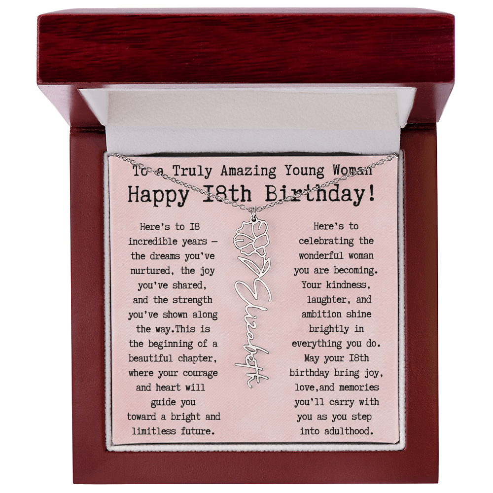 Personalized 18th Birthday Gift for Her – Customized Birth Flower Name Necklace – Unique Eighteenth Birthday Jewelry Gift from Grandma, Mom, Aunt, or Friend