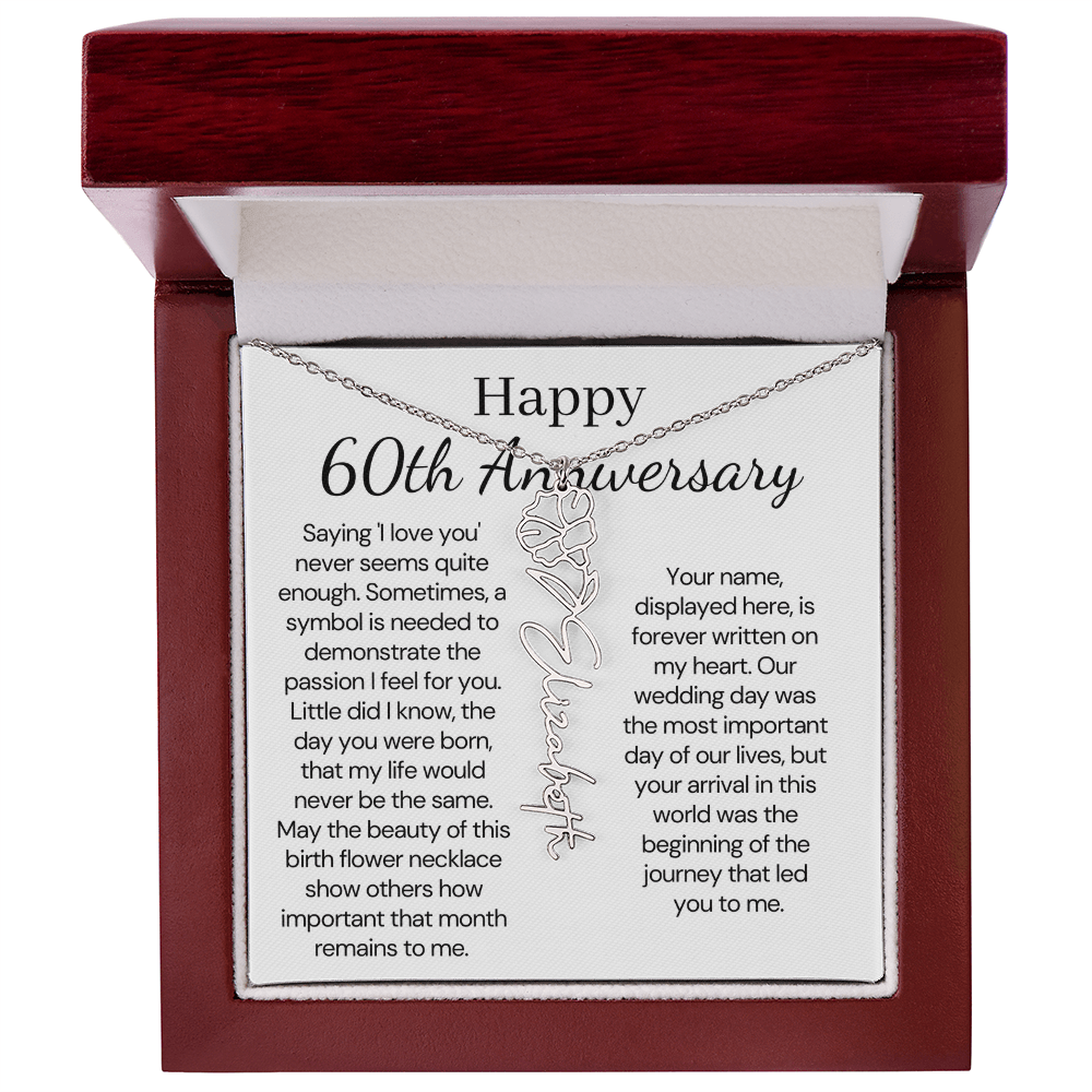 Personalized 60th Anniversary Gift for Wife – Customized Birth Flower Name Necklace – Unique Sixtieth Wedding Anniversary Gift Ideas for Wife from Husband