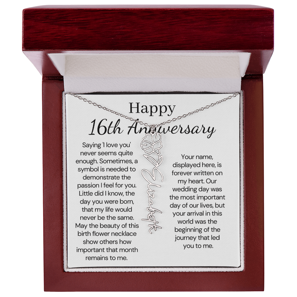 Personalized 16th Anniversary Gift for Wife – Customized Birth Flower Name Necklace – Unique Sixteenth Wedding Anniversary Gift Ideas for Wife