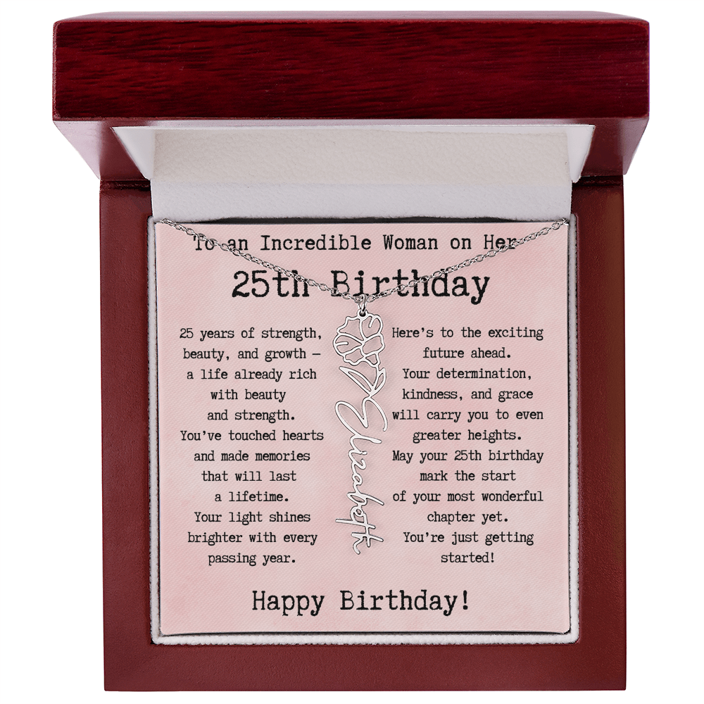 Personalized 25th Birthday Gift for Her – Customized Birth Flower Name Necklace – Unique Twenty-Fifth Birthday Jewelry Gift from Grandma, Mom, Aunt, or Friend