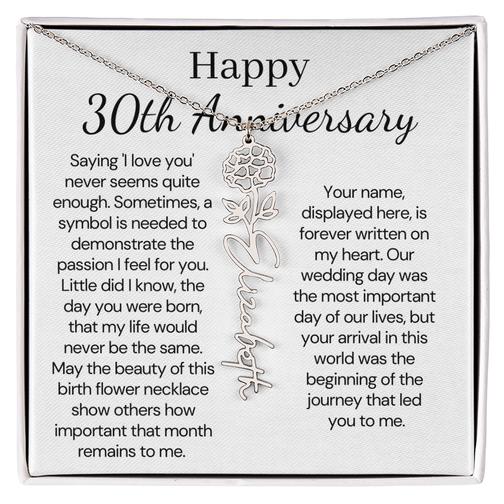 Personalized 30th Anniversary Gift for Wife – Customized Birth Flower Name Necklace – Unique Thirtieth Wedding Anniversary Gift Ideas for Wife from Husband