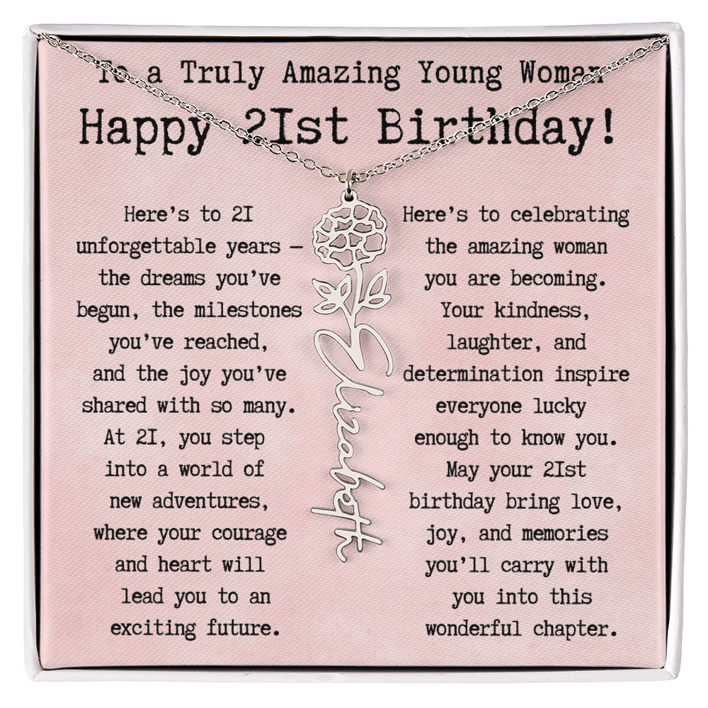 Personalized 21st Birthday Gift for Her – Customized Birth Flower Name Necklace – Unique Twenty-First Birthday Jewelry Gift from Grandma, Mom, Aunt, or Friend