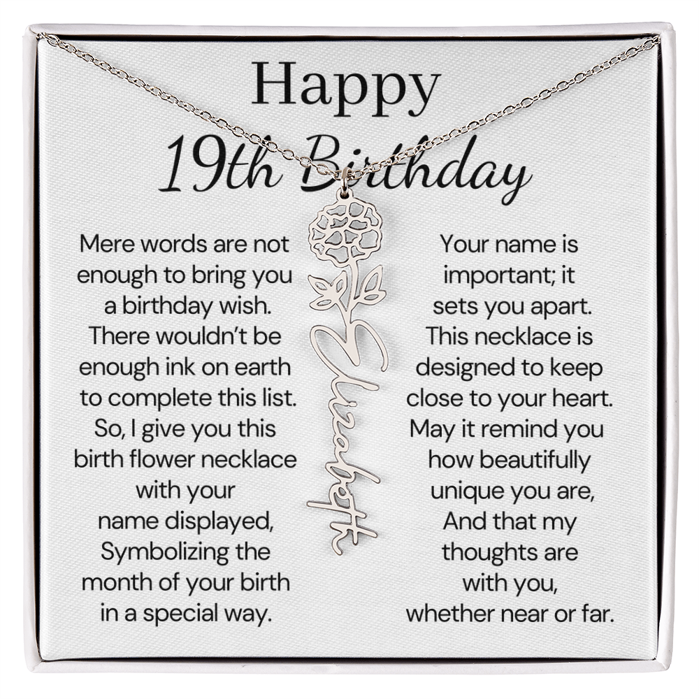 Personalized 19th Birthday Gift for Her  – Customized Birth Flower Name Necklace – 19th Birthday Jewelry Gift for Granddaughter, Daughter, or Niece