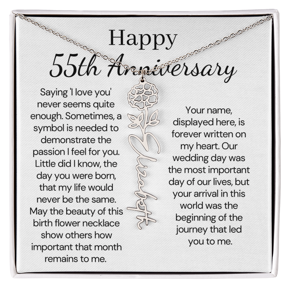 Personalized 55th Anniversary Gift for Wife – Customized Birth Flower Name Necklace – Unique Fifty-Fifth Wedding Anniversary Gift Ideas for Wife from Husband