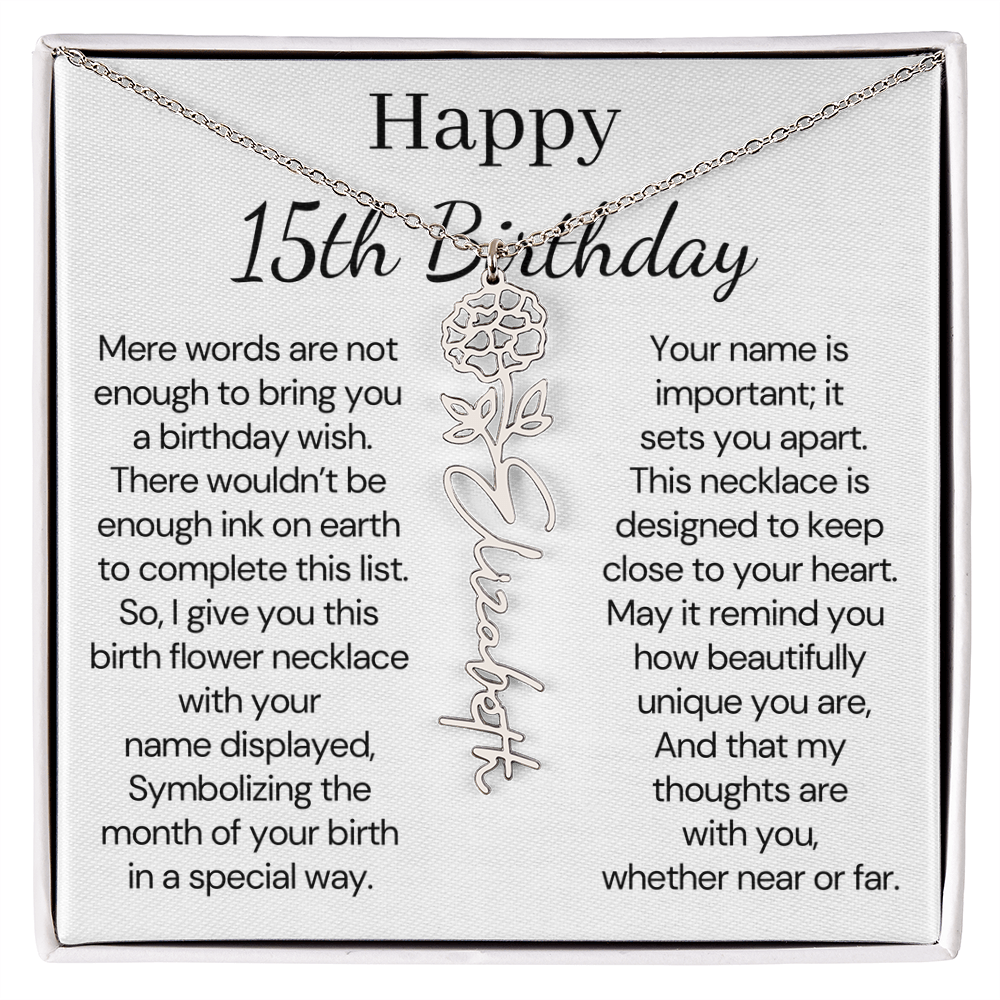 Personalized 15th Birthday Gift for Her – Customized Birth Flower Name Necklace – 15th Birthday Jewelry Gift for Granddaughter, Daughter, or Niece