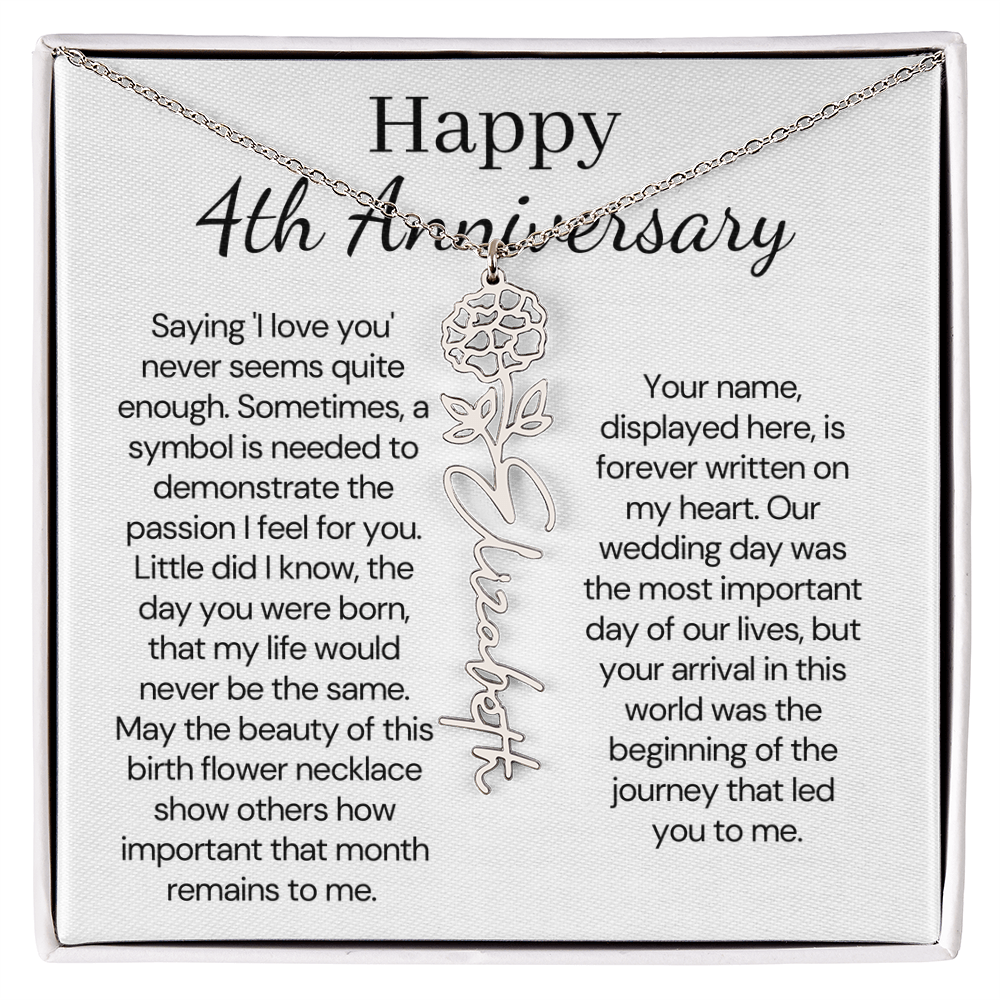 Personalized 4th Wedding Anniversary Gift for Wife – Customized Birth Flower Name Necklace – Unique Anniversary Gift Ideas for Wife from Husband