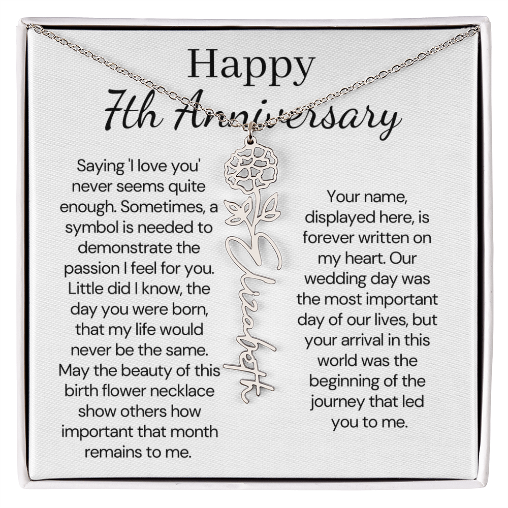 Personalized 7th Wedding Anniversary Gift for Wife – Customized Birth Flower Name Necklace – Unique Seventh Anniversary Gift Ideas for Wife from Husband