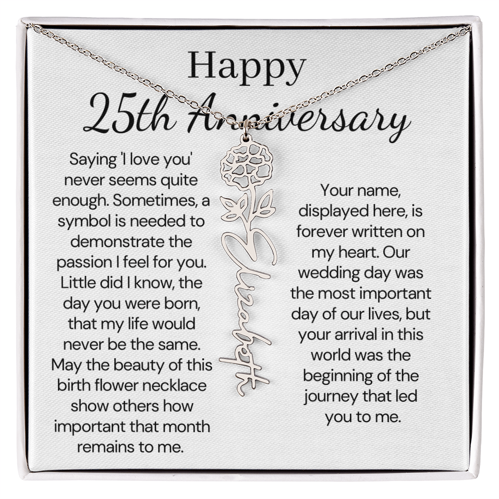 Personalized 25th Wedding Anniversary Gift for her  - Custom Birth Flower Name Necklace for Wife. - Unique Anniversary Gift from Husband to Wife