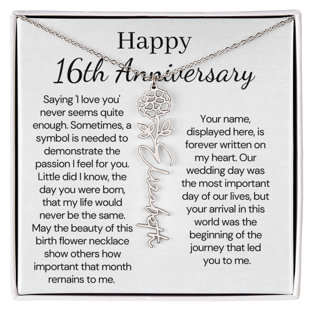 Personalized 16th Anniversary Gift for Wife – Customized Birth Flower Name Necklace – Unique Sixteenth Wedding Anniversary Gift Ideas for Wife