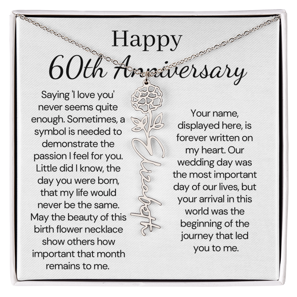 Personalized 60th Anniversary Gift for Wife – Customized Birth Flower Name Necklace – Unique Sixtieth Wedding Anniversary Gift Ideas for Wife from Husband