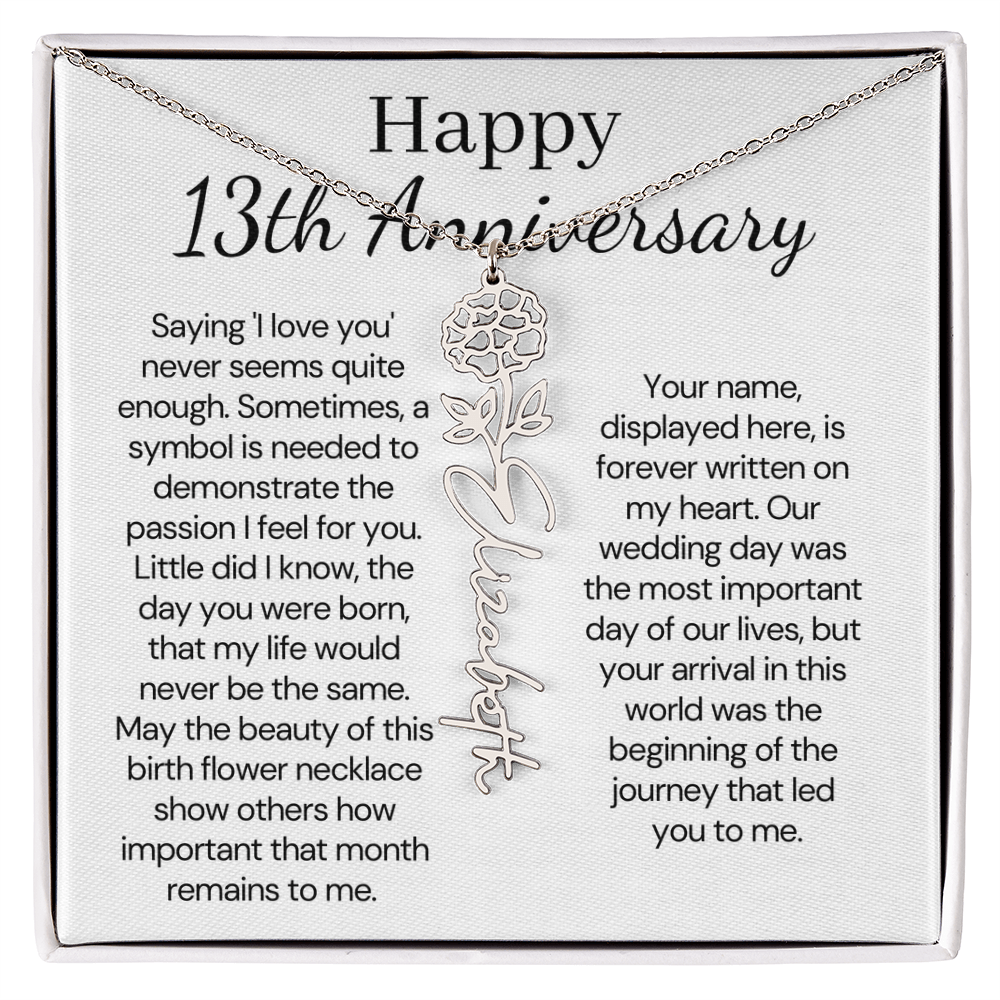 Personalized 13th Wedding Anniversary Gift for Wife – Customized Birth Flower Name Necklace – Unique Thirteenth Anniversary Gift Ideas for Wife from Husband