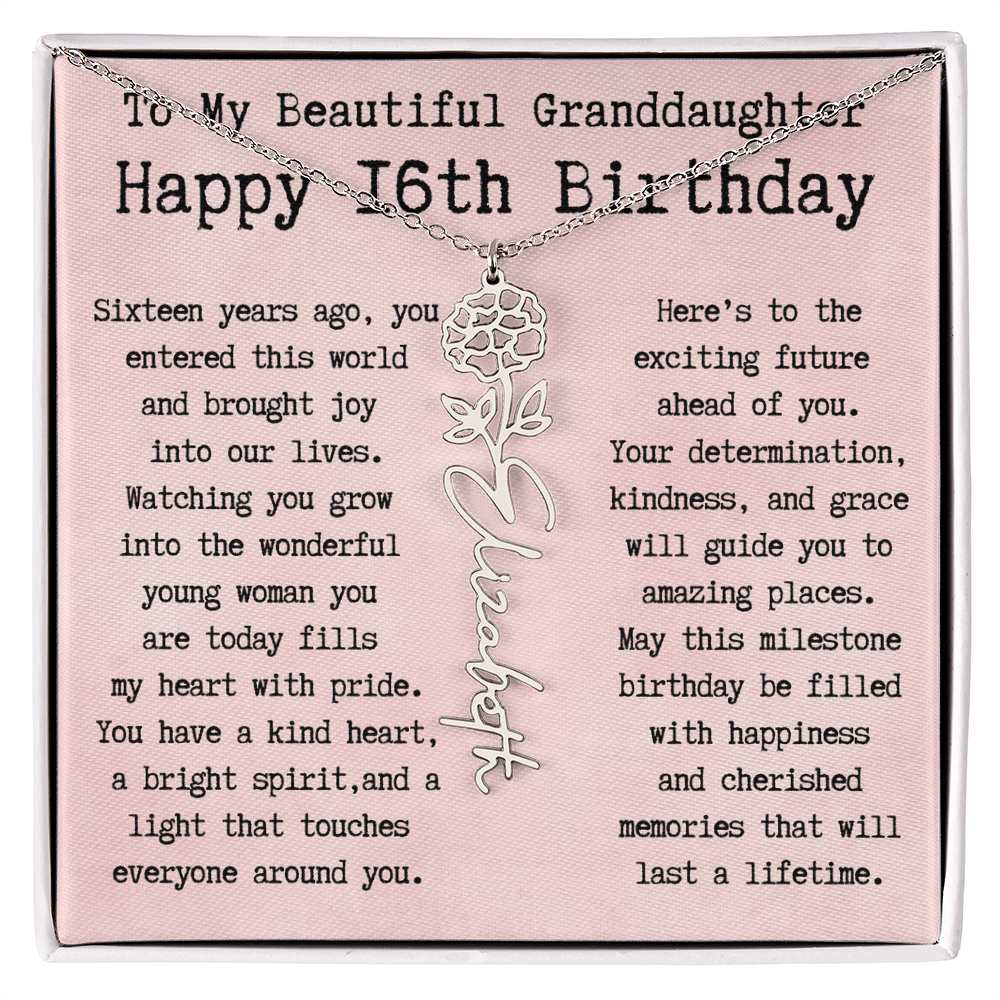 Personalized 16th Birthday Gift for Granddaughter – Customized Birth Flower Name Necklace – Sweet Sixteenth Jewelry Gift from Grandma