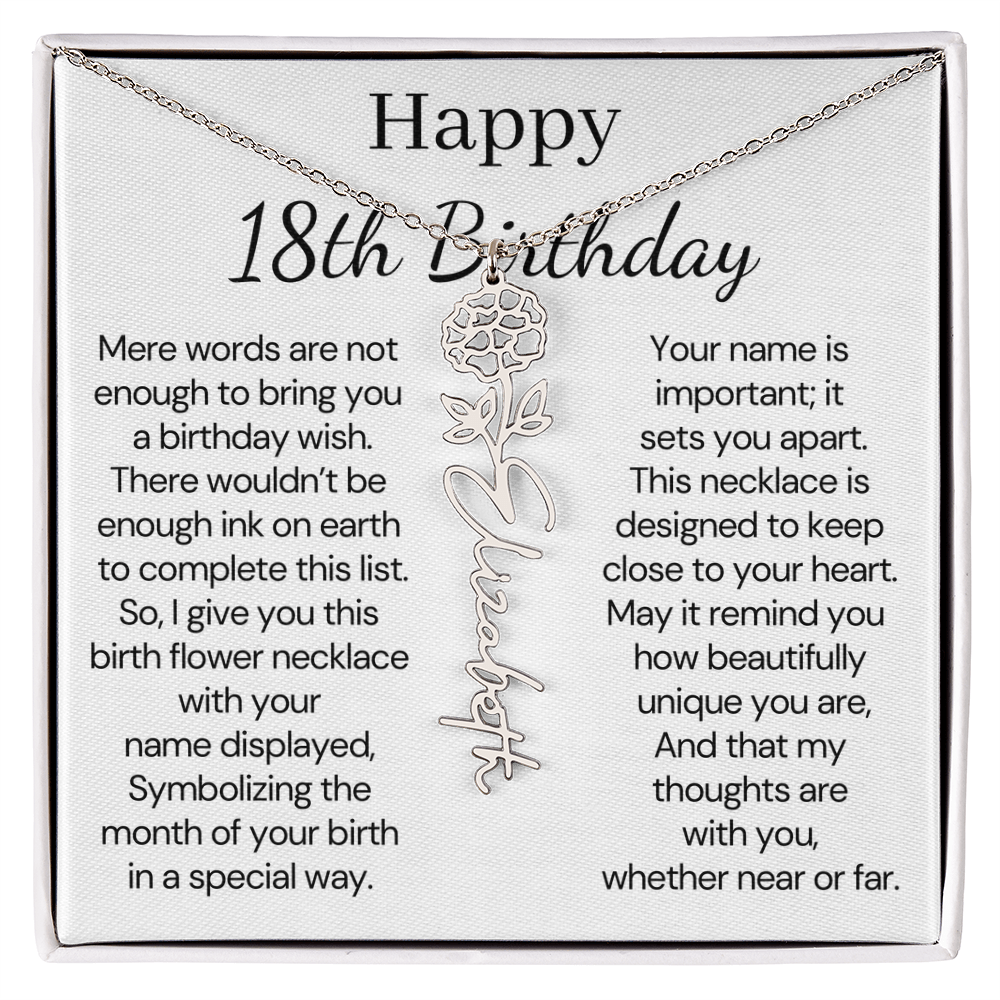 Personalized 18th Birthday Gift for Her  – Customized Birth Flower Name Necklace – 18th Birthday Jewelry Gift for Granddaughter, Daughter, or Niece