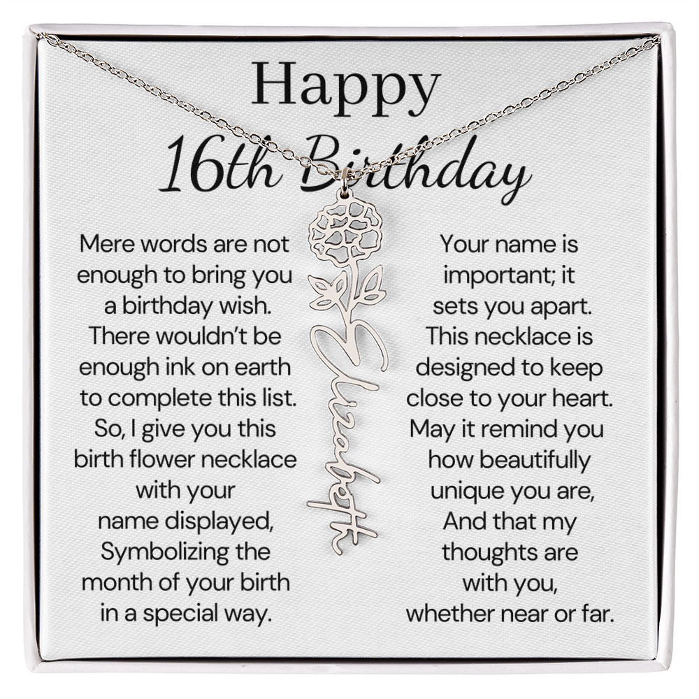 Personalized 16th Birthday Gift for Her  – Customized Birth Flower Name Necklace – Jewelry Gift for Granddaughter, Daughter, or Niece