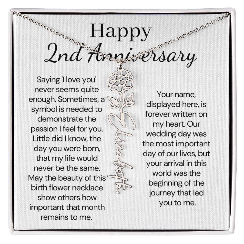 Personalized 2nd Wedding Anniversary Gift for Wife – Customized Birth Flower Name Necklace – Unique second Anniversary Gift Ideas for Wife from Husband