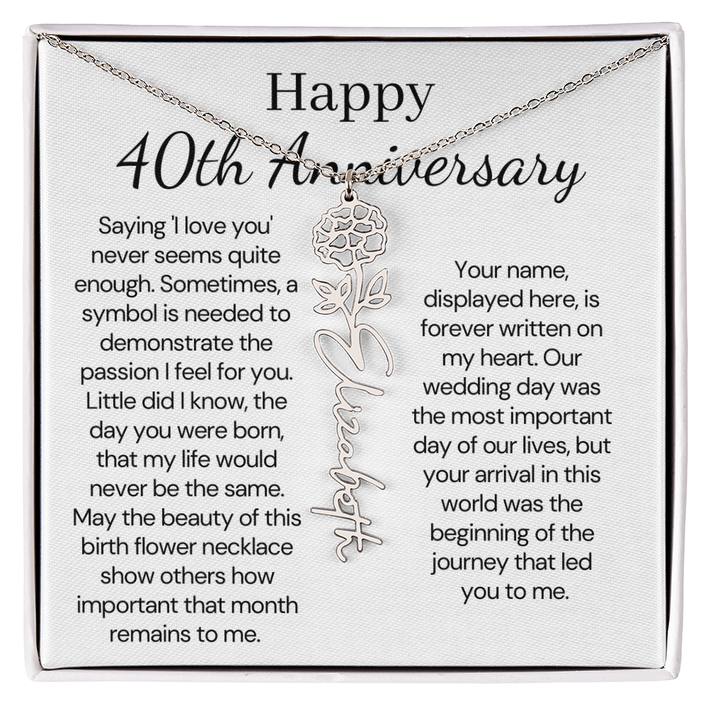 Personalized 40th Anniversary Gift for Wife – Customized Birth Flower Name Necklace – Unique Fortieth Wedding Anniversary Gift Ideas for Wife from Husband