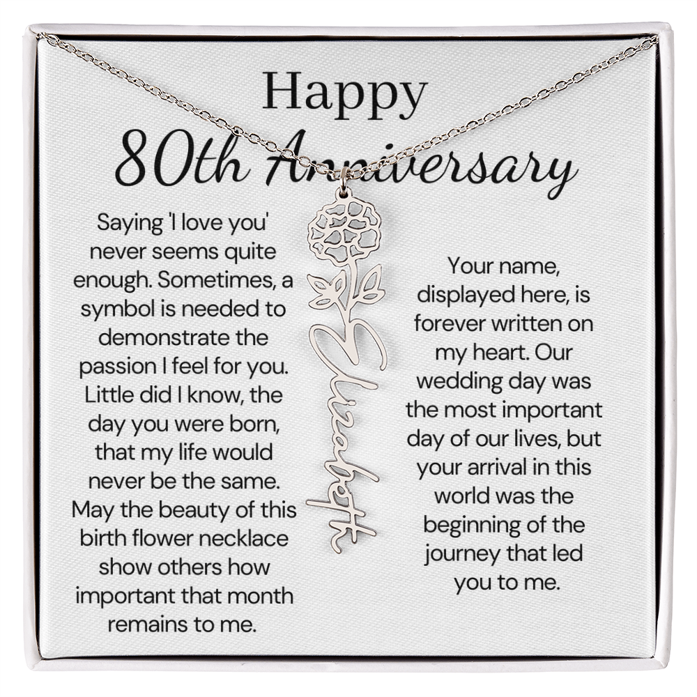 Personalized 80th Anniversary Gift for Wife – Customized Birth Flower Name Necklace – Unique Eightieth Wedding Anniversary Gift Ideas for Wife from Husband