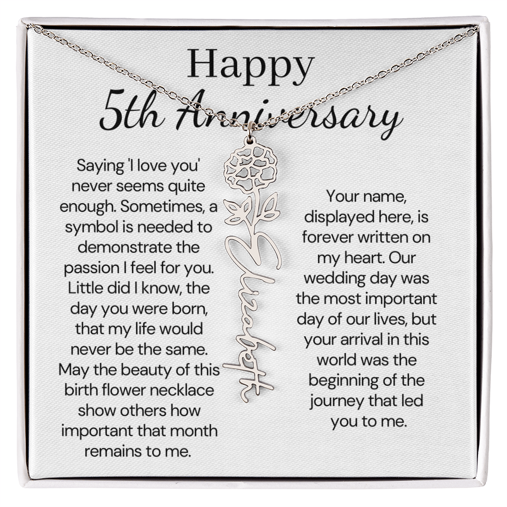 Personalized 5th Wedding Anniversary Gift for Wife – Customized Birth Flower Name Necklace – Unique Fifth Anniversary Gift Ideas for Wife from Husband