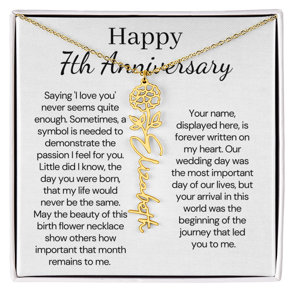 Personalized 7th Wedding Anniversary Gift for Wife – Customized Birth Flower Name Necklace – Unique Seventh Anniversary Gift Ideas for Wife from Husband