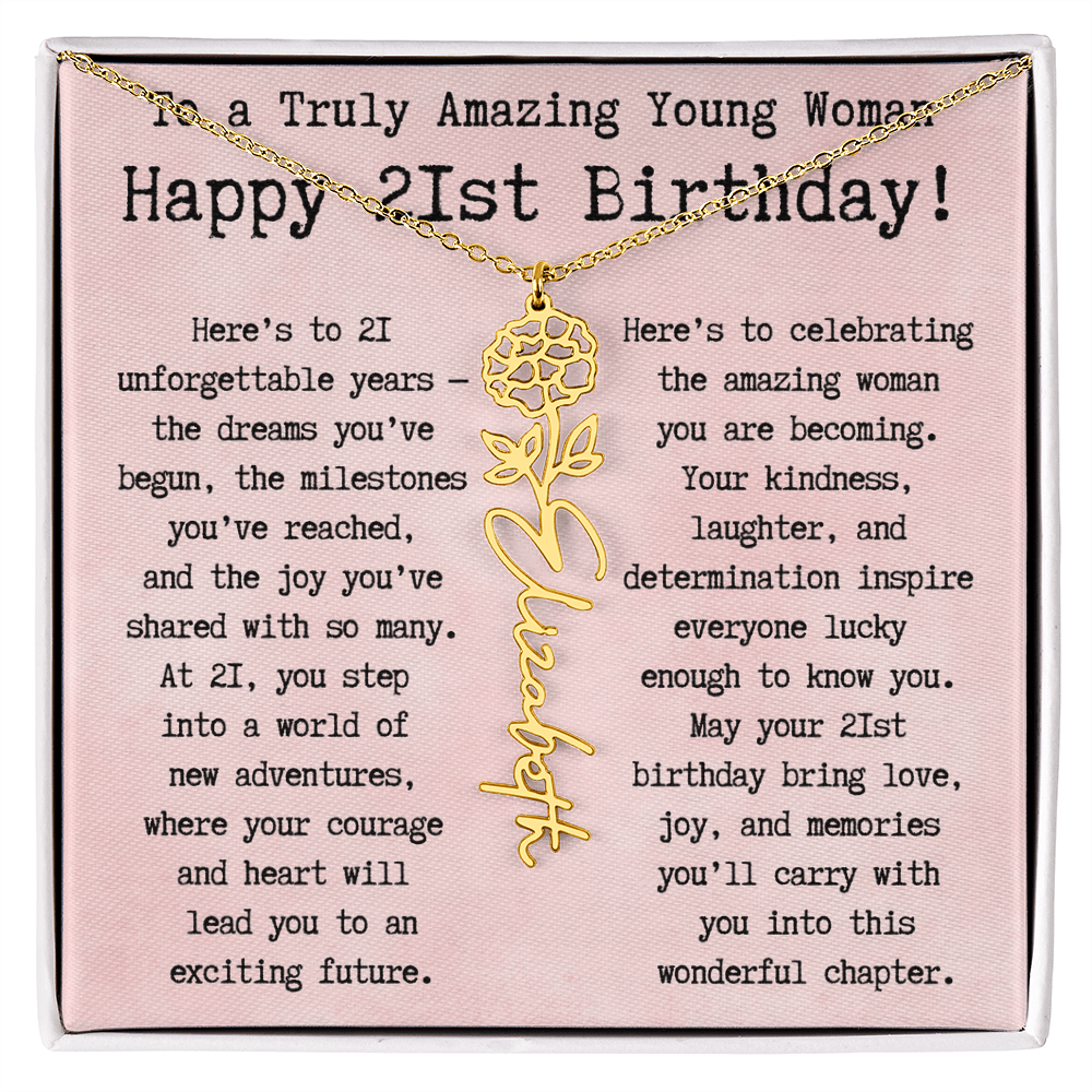 Personalized 21st Birthday Gift for Her – Customized Birth Flower Name Necklace – Unique Twenty-First Birthday Jewelry Gift from Grandma, Mom, Aunt, or Friend