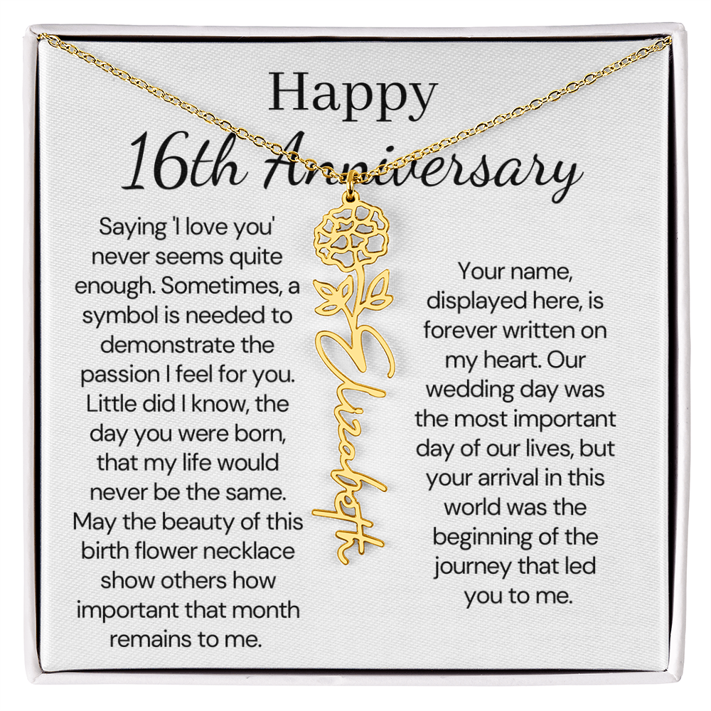 Personalized 16th Anniversary Gift for Wife – Customized Birth Flower Name Necklace – Unique Sixteenth Wedding Anniversary Gift Ideas for Wife